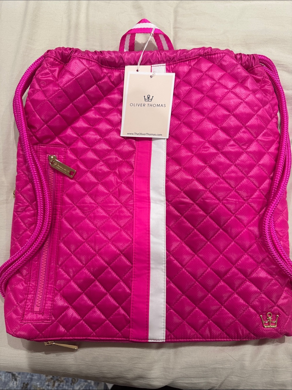 Oliver Thomas Hot Pink Quilted Drawstring Backpack with White Center Stripe